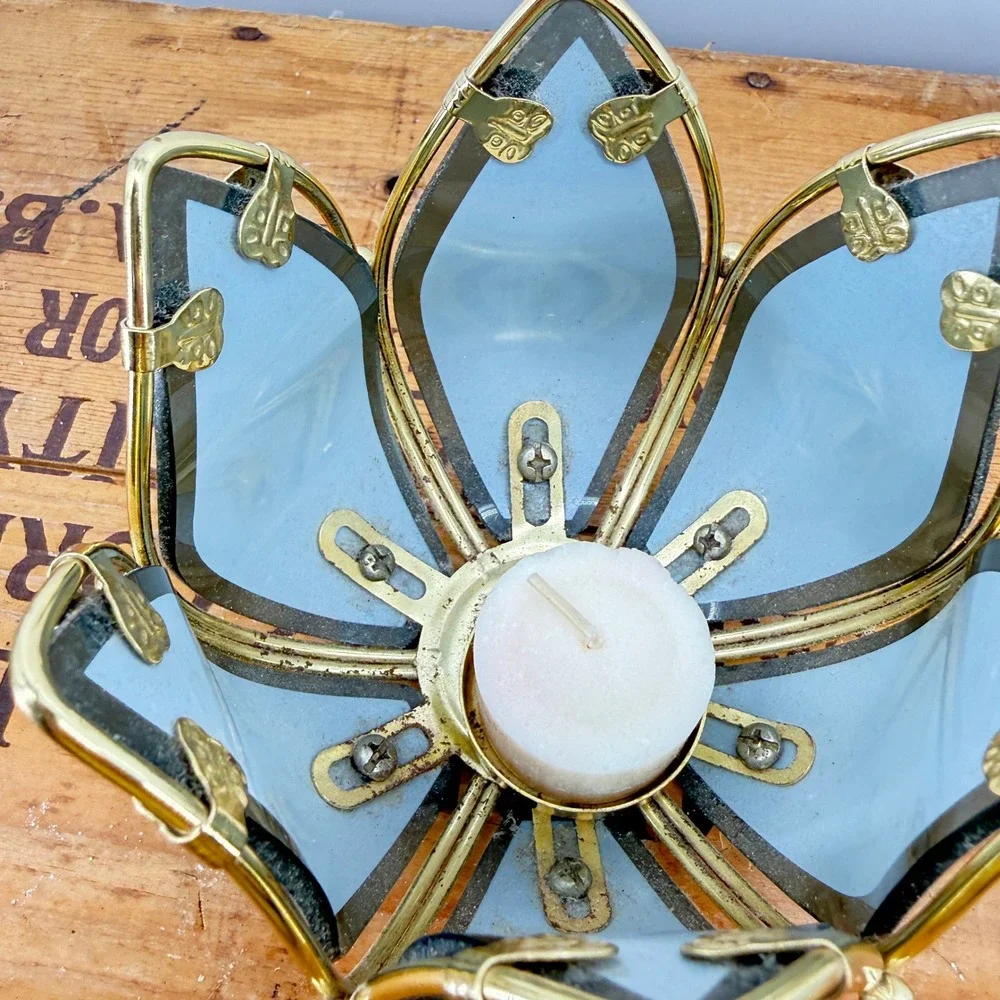 Art Deco Lotus Flower Candle Holder Vintage Floral Tea Light Gold Black